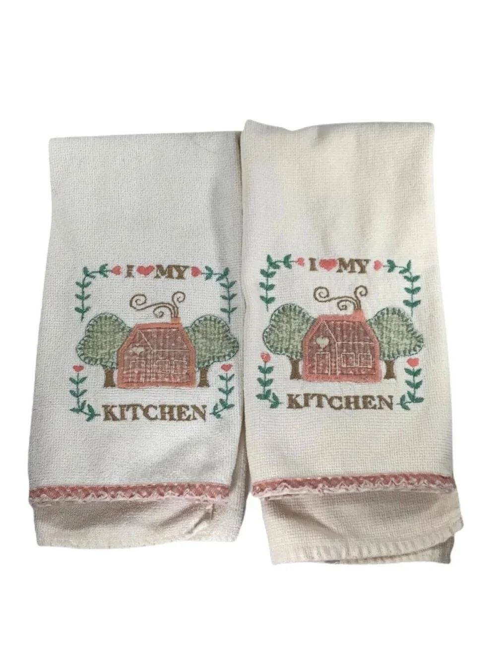 I Love My Kitchen Embroidered Cotton Hand Towels Set Of 2 White with Pink Trim